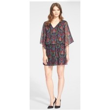 Alice + Olivia Black Floral V-Neck Kimono Sleeve Summer Waist Mini Size 4 HH14