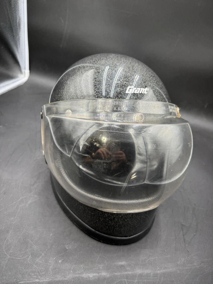 Винтажный мотоциклетный шлем Grant черный с серебристыми хлопьями на все лицо с пузырьковым козырьком средний - Изображение 2 из 4