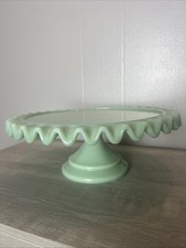 Jadeite Ruffled Crimped Cake Stand Green Glass 10”