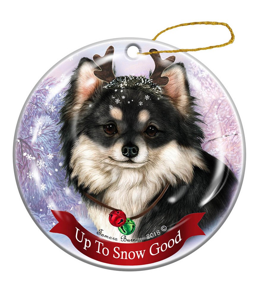 Holiday Pet Gifts Black White Long Haired Chihuahua Porcelain Christmas Ornament