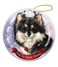 Holiday Pet Gifts Black White Long Haired Chihuahua Porcelain Christmas Ornament
