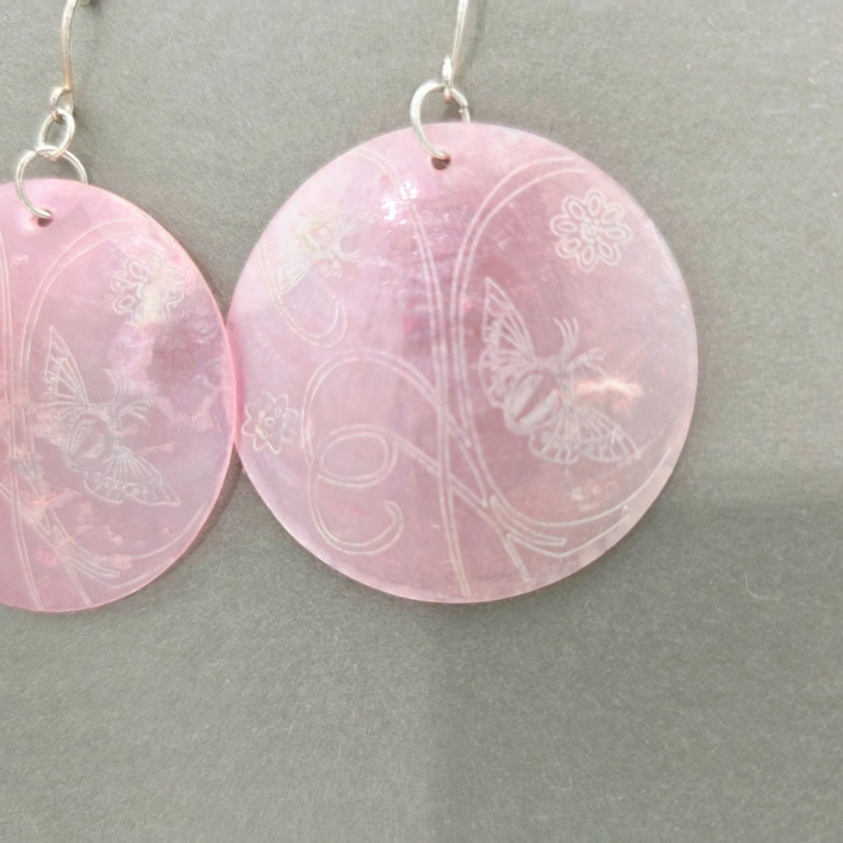 Round Pink Shell Earrings With Butterfly & Floral Engraving Design 2.5" View 3
