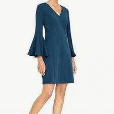Ann Taylor Tall Small V-Neck Bell Sleeve Flare Dress Above Knee Blue NWT