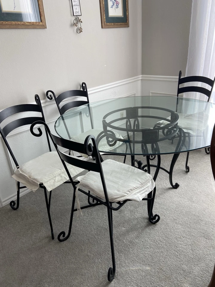 🔥🔥 FINAL PRICE! Original Bombay 54” Round Glass Table w/4 Wrought Iron Chairs - Image 3 of 4