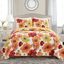  Leah Reversible Floral 3 Piece Set, Full/ Full/Queen Red & Orange Quilt Set