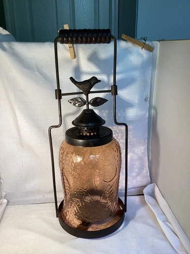 VTG Style Pink Embossed Globe & Bird .Metal & Glass Candle Lantern Please Read