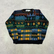 Vintage abstract knitted jumper Patterned Grandad chunky knit sweater Men's L