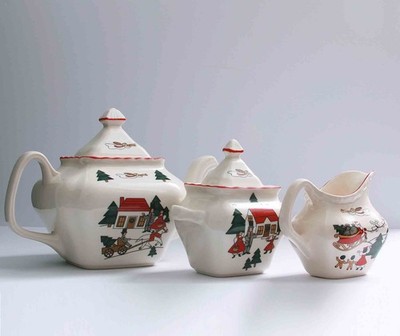 Lot of 3 Masons Christmas Village Teapot Creamer and Sugar Excellent!