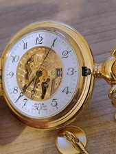 Avia Full Hunter Skeleton 17 Jewel Manual Wind Pocket Watch Gold Tone With Chain