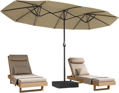 15FT Double-Sided Patio Umbrella with Base & Solar Lights - Beige