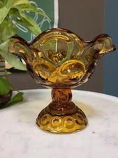 Vintage L. E. Smith Moon and Stars Amber Glass Pedestal Compote Bowl Candy Dish
