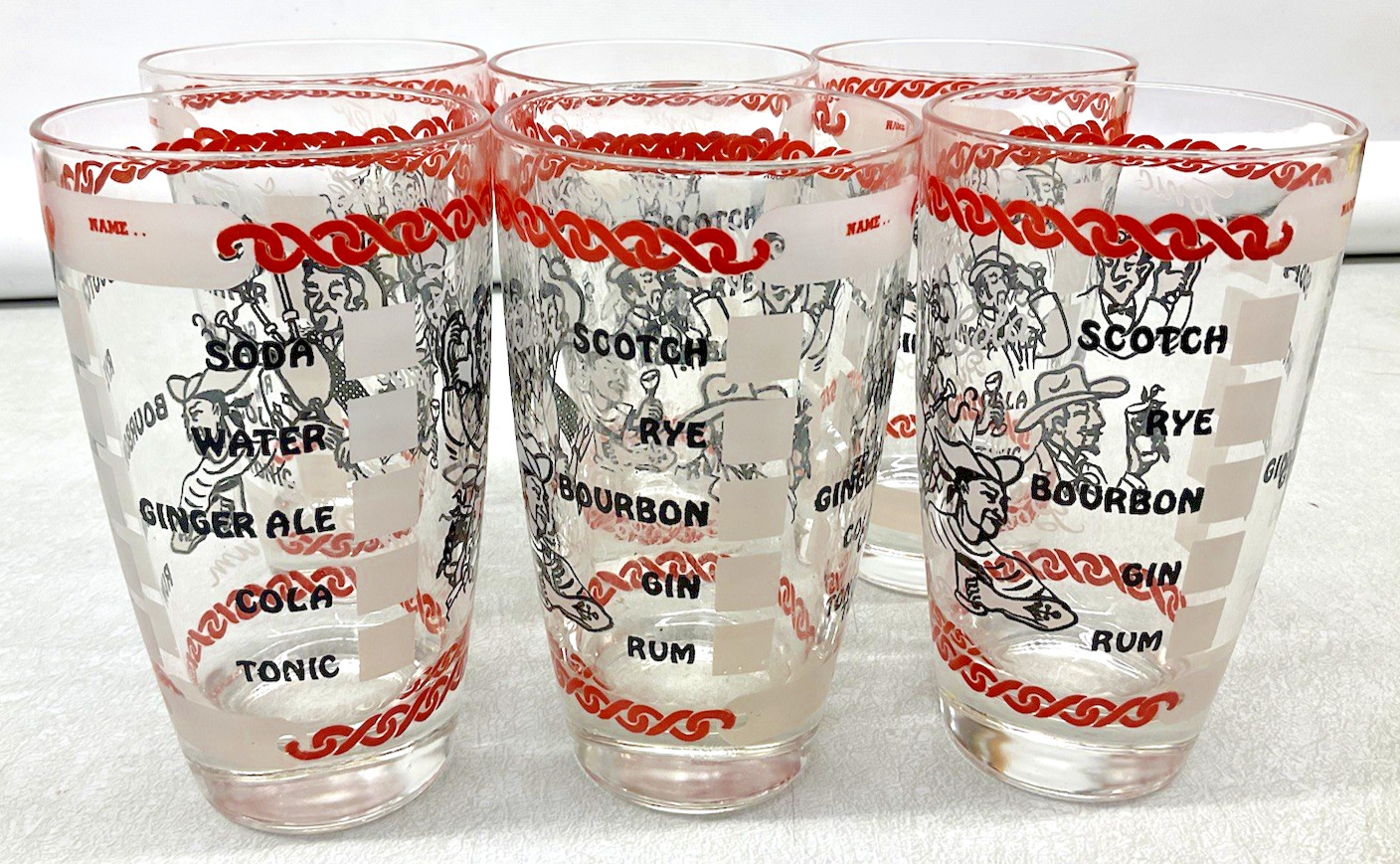 6 Vintage Cocktail Bar Back Drink Liquor Illustrated Novelty Glasses Drinking