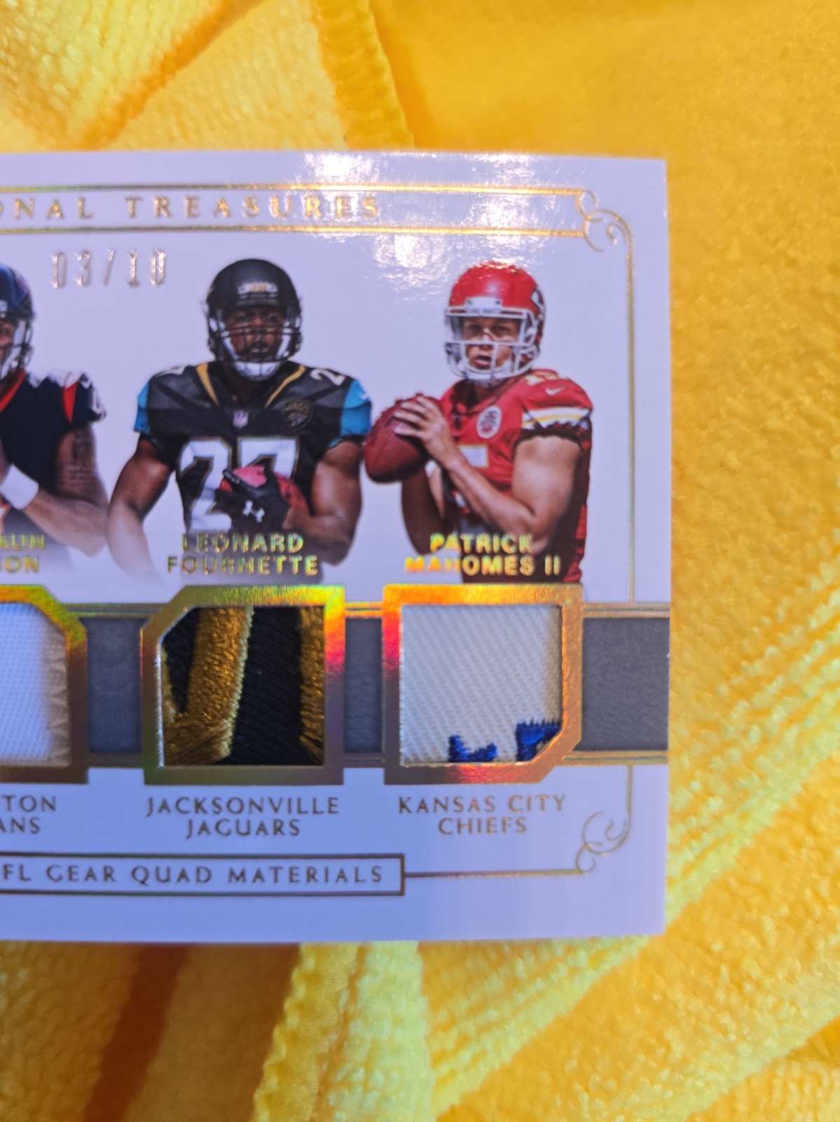 2017 National Treasures  Rookie Materials GOLD 3/10 Mahomes Rookie Quad Material view 10