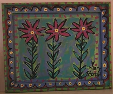 Mary Zeman Outsider Folk Artist Acrylic Flower Painting On Board  & Wood Frame