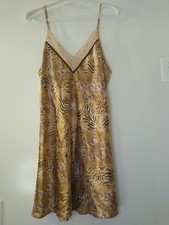 Vtg California Dynasty Women's M Slip Dress Night Gown Gold Animal Print Floral