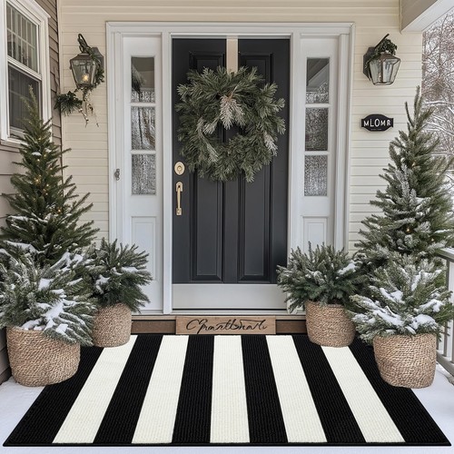 Black and White Striped Outdoor Rug 20"x32" Non Slip Absorbent Layered Doorma... - Picture 7 of 8