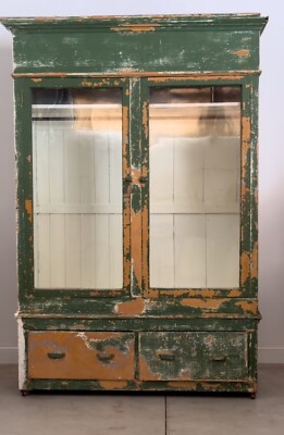 Antique Apothecary Display Cabinet Green primitive cupboard Hutch Display Glass