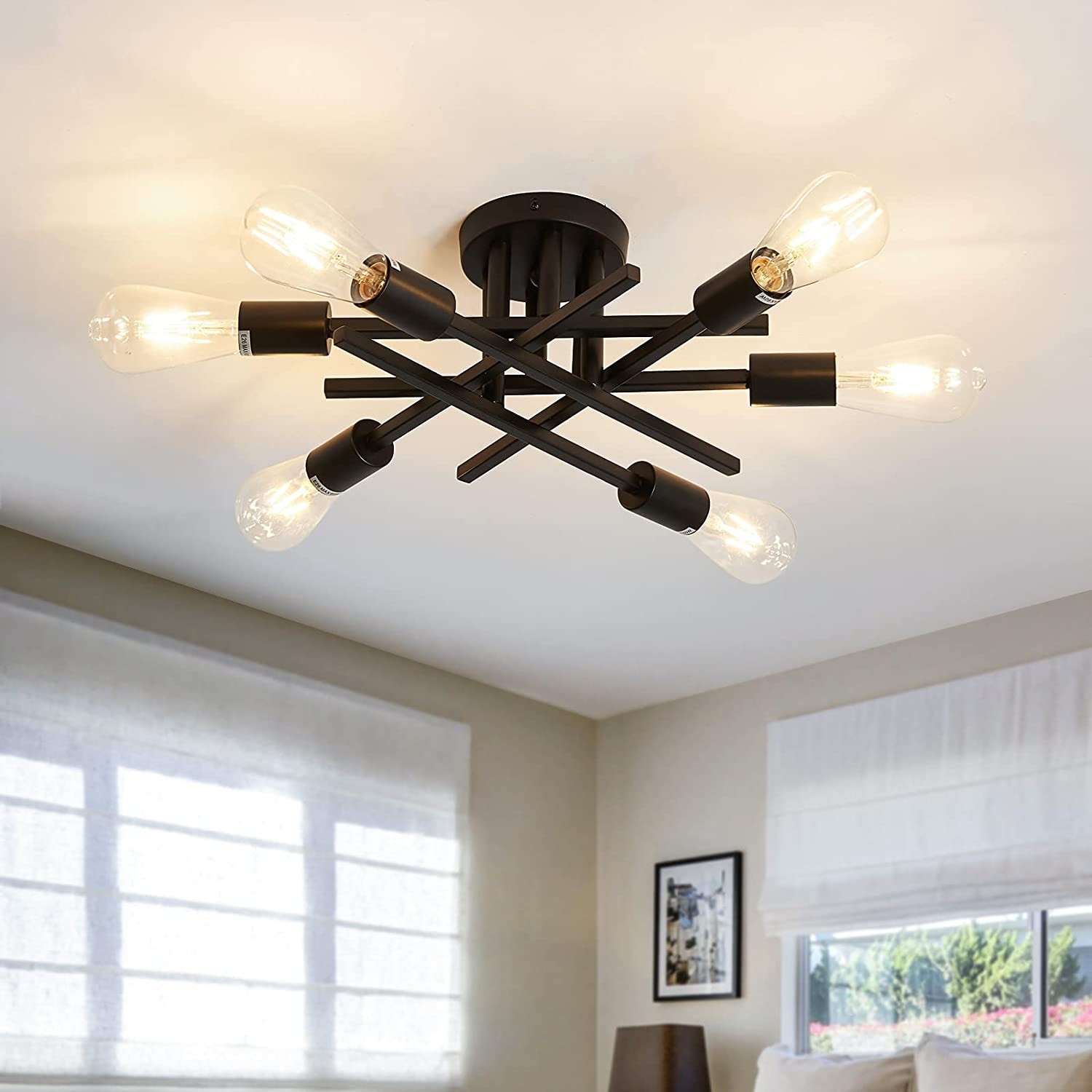 Modern Black Vintage Semi Flush Mount Ceiling Light with 6 Lights