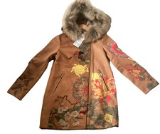 101 Idees Ladies Enny Lane Overcoat Birds Flowers Raccoon Fur Collar Size L/xl