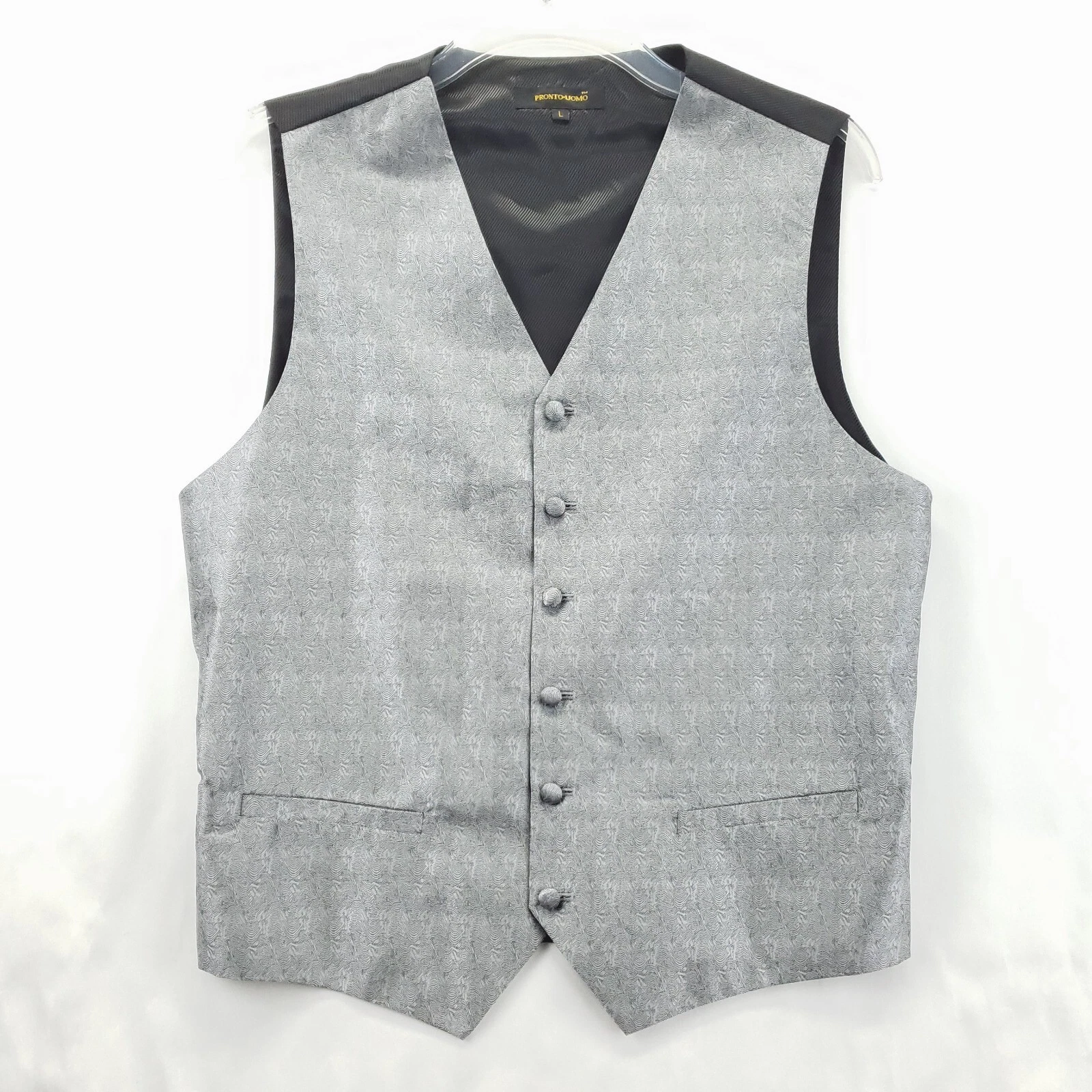 Pronto Uomo Vest Waistcoat Mens Large Black Silver Pockets Fabric Button V-Neck