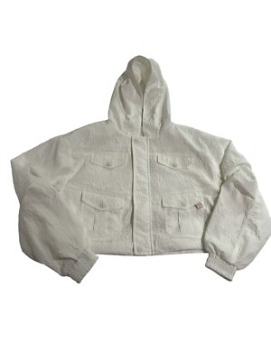 Evisu Logo Embroidery Textured Cropped Windbreaker Jacket in White