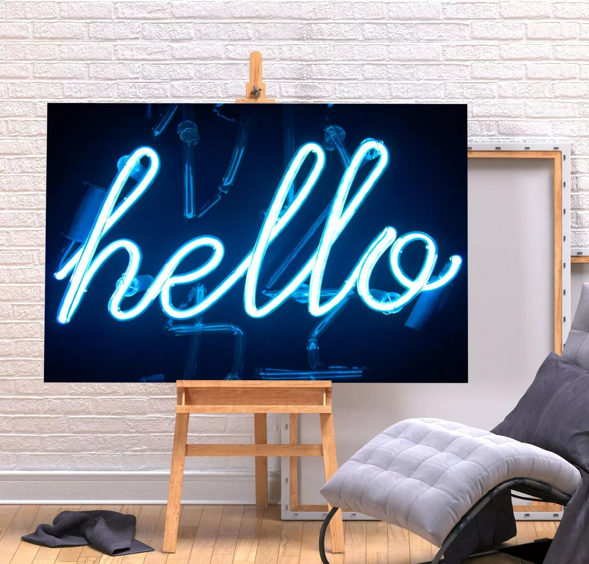 NEON SIGN HELLO DEEP FRAMED CANVAS WALL ART PICTURE PRINT BLUE