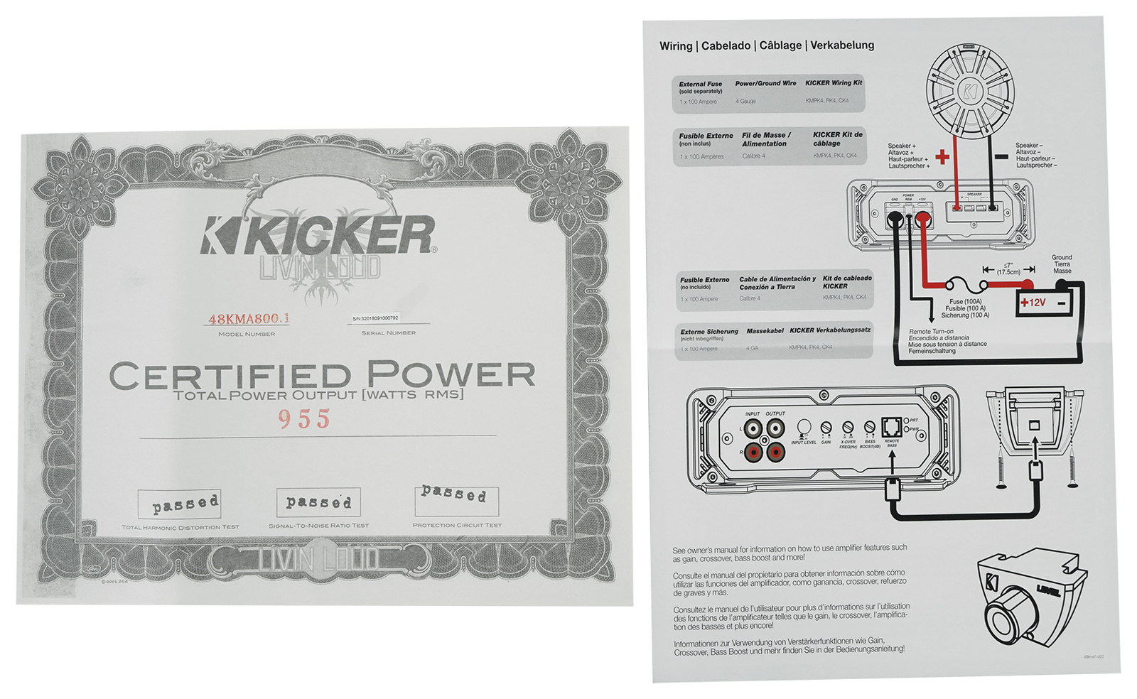 KICKER 48KMA8001 800-Ваттный 1-омный Морскойлодочный монофонический усилитель Комплект усилителей KMA8001
