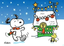 Merry Christmas Peanuts Snoopy Decorating Doghouse Lights Halmark Greeting Card