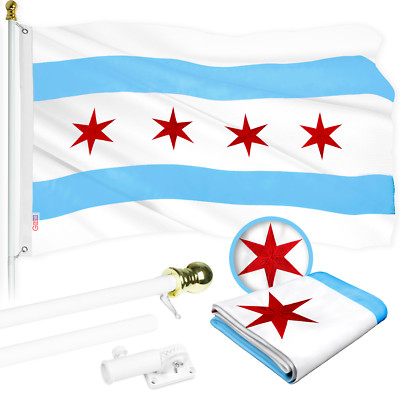 Flag Pole 5FT White & Chicago Flag 2x3FT Combo Embroidered 300D Polyester