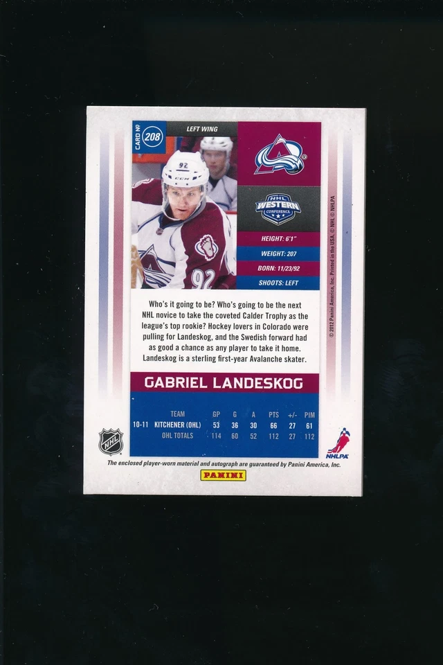 2011-12 Panini Calder Contenders Auto Patch #208 Gabriel Landeskog 075/100 - Image 2 of 2