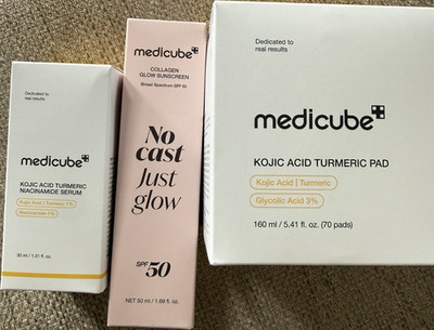 medicube Kojic Acid Turmeric Collagen SPF 50 Skin Care Set Sunscreen Serum Pad