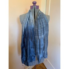 Blue Ombre Raw Silk Twist Fringed Wrap Scarf Lightweight Shawl Boho Natural