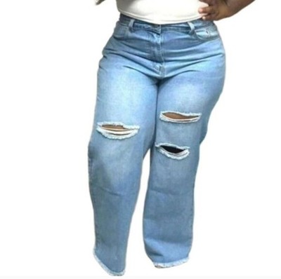 Women's Plus Size High Waist Distressed Light Blue Ripped Wide Leg Jeans sz 3x 