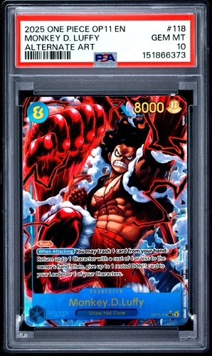 ONE PIECE MONKEY D. LUFFY 2025 OP11-A FIST OF DIVINE SPD #118 ALT ART PSA 10