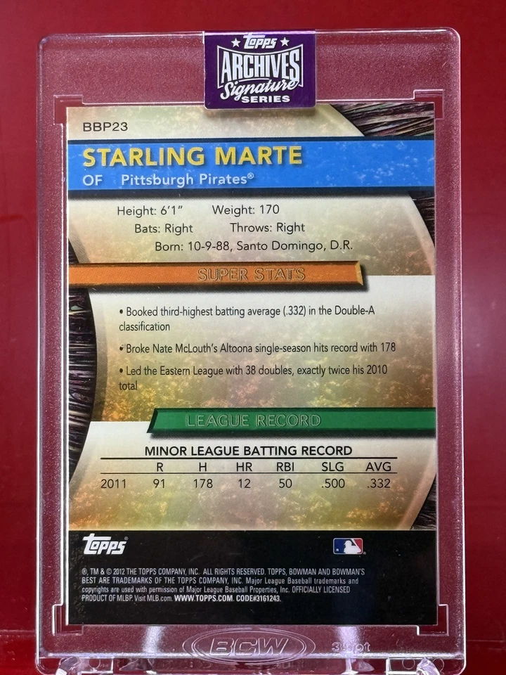 2025 Topps Archives Signature Auto 2012 Bowman Starling Marte #BBP23 /15 Pirates - Imagem 2 de 2