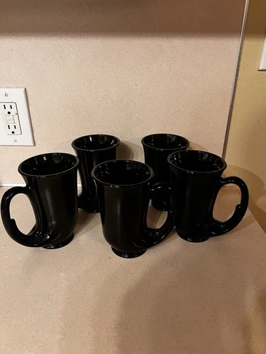 TIARA Black Hunters Horn Set of 5 Tankard Coffee Mugs Heavy Beautiful Indiana