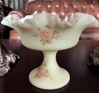 Fenton Compote Painted And Signed Hart Uranium Custard Glass