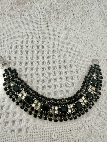 Vintage Jet Black Clear Rhinestone Bracelet Signed La Rel 7”
