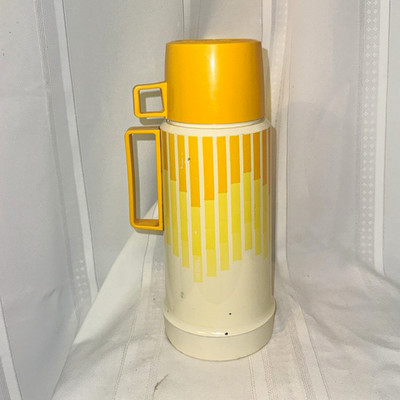 Thermos Model 2980 1L Vacuum Flask Yellow/White Geometric Handle Twist Lid