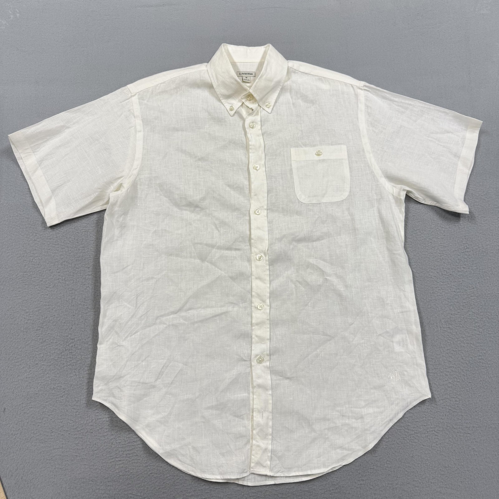 J. Peterman Shirt Mens Medium White Linen Short Sleeve Button Casual Summer