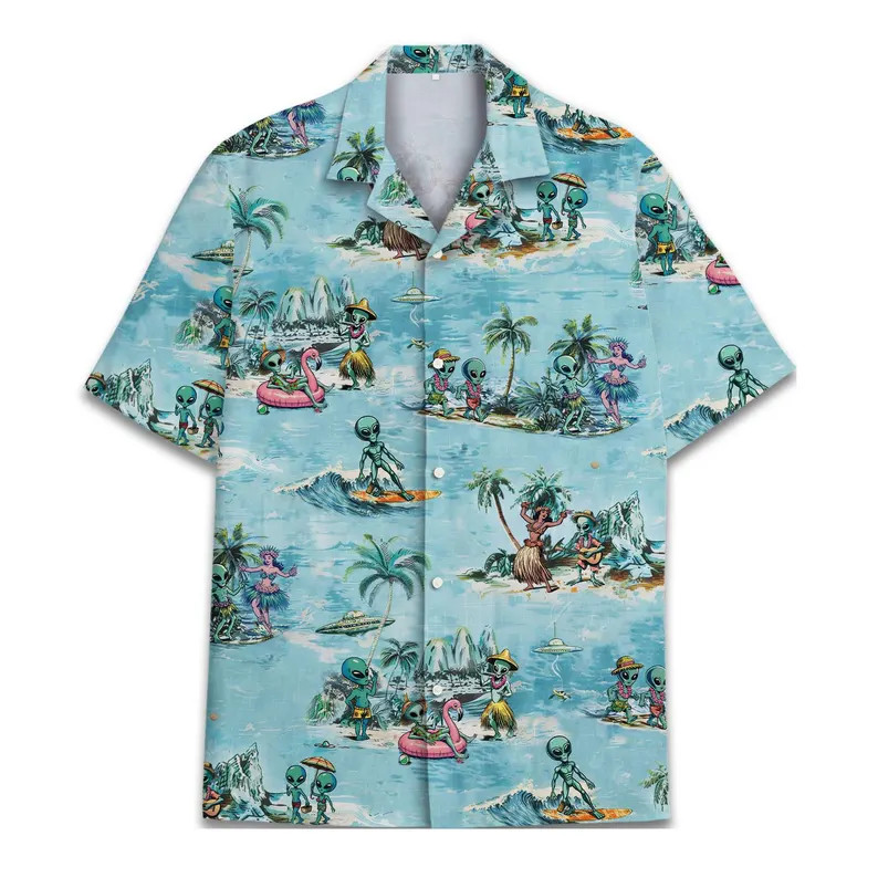 Retro Alien Hawaiian Shirt Mens Womens Summer Tropical Beach Vacation SciFi