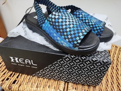 HEAL Peep Toe Sling back multi blues woven stretch sandals.  8. NEW with Tags