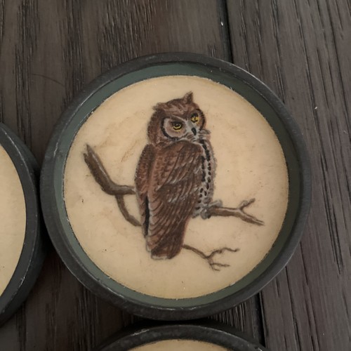 Set of 5 Vintage Rare Metal & Fiberglass Hand Painted Owl Coasters 3.5 in. - Picture 5 of 9