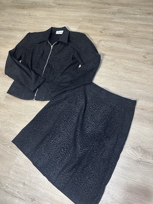 Vintage Leopard Print Skirt Suit Set Black Cropped Jacket 90s Size 6