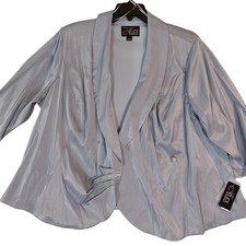 Alex Evenings Women Plus Size 3X Light Blue Metallic Ruched Shawl Collar Blazer