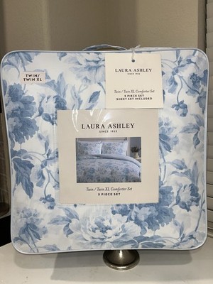 NIB 5 PIECES LAURA ASHLEY BLUE SHABBY CHIC TWIN XL SIZE COMFORTER
