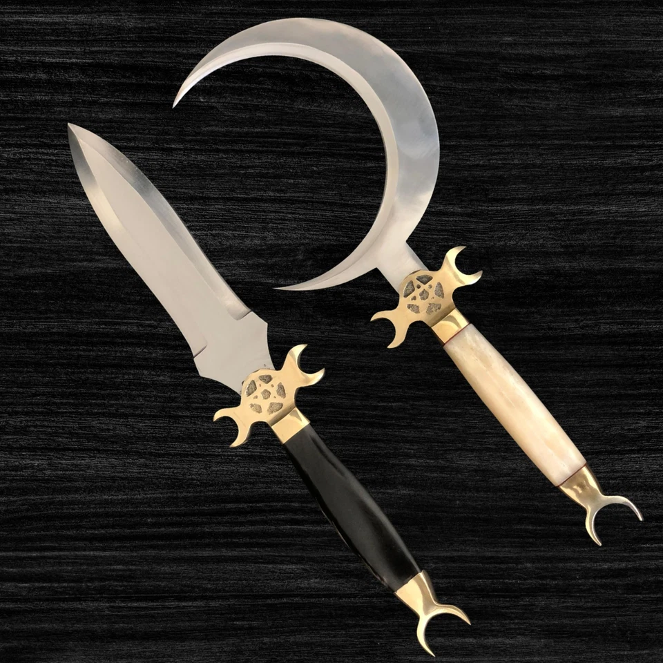 Cuchillo Luna Media Luna Mango de Hueso de Camello con Funda de Cuero Ritual Athame Boline Foto 3 de 4
