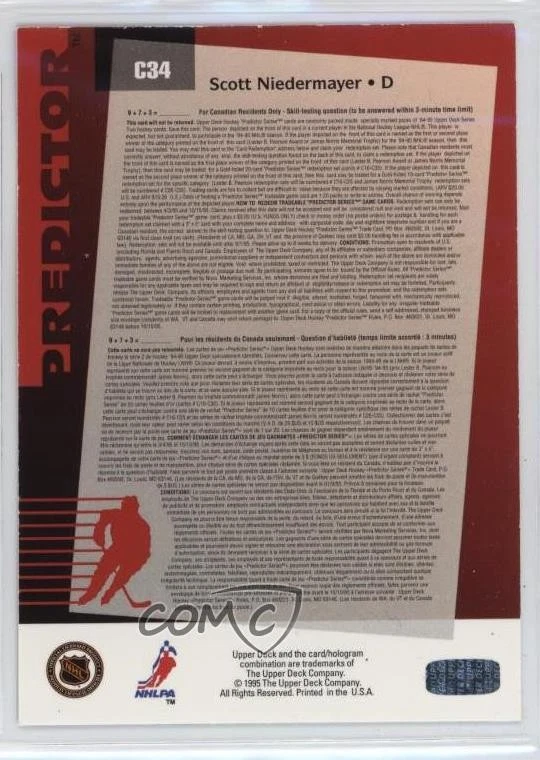 1994-95 Upper Deck Predictor Canadian Scott Niedermayer #C34 HOF - Image 2 of 2