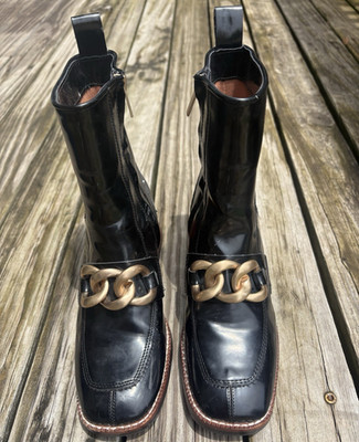 Steve Madden Women s 6 Black Patent Leather Ankle Bootie Square Toe Zip Chain