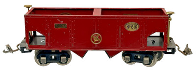 O Gauge Toy Train Lionel 816 Hopper Maroon Red Ore Coal Dumper Gold Fittings.